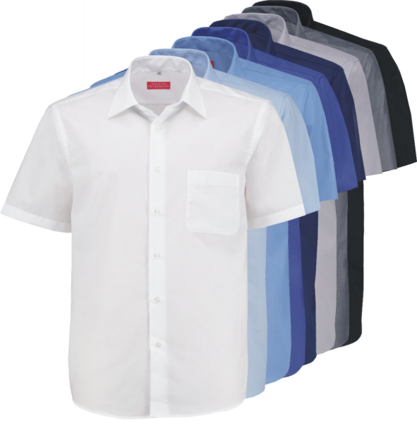 Abgebildet werden kurzarm Business Hemden, Schnitt Modern Fit in verschiedenen Farben aus 100% Baumwolle